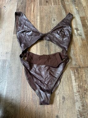 SKIMS Brown Faux Leather Women’s One Piece Bathing Suit